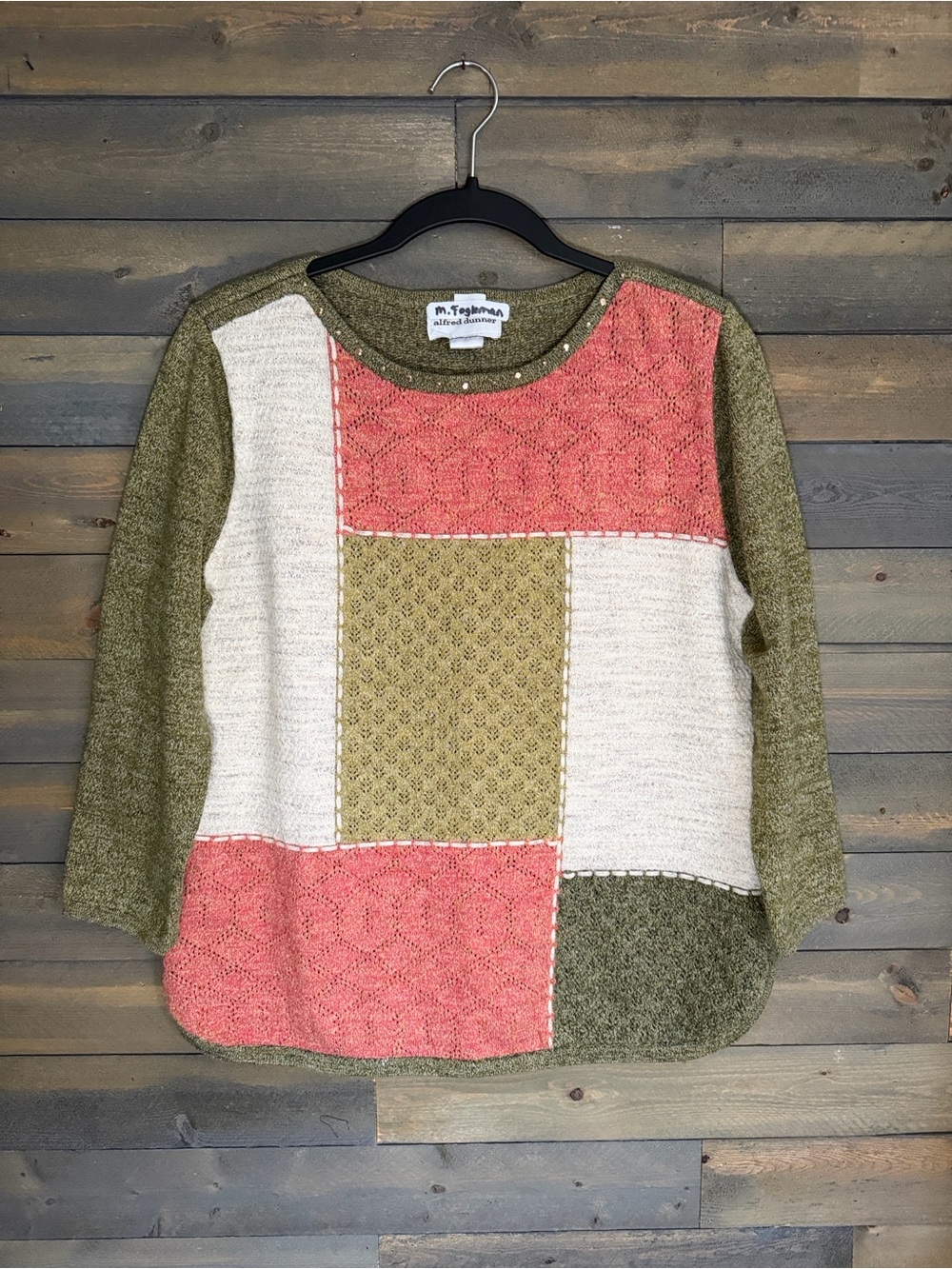 Vintage Alfred Dunner Patchwork Colorblock Sweater Size Small Beaded Knit